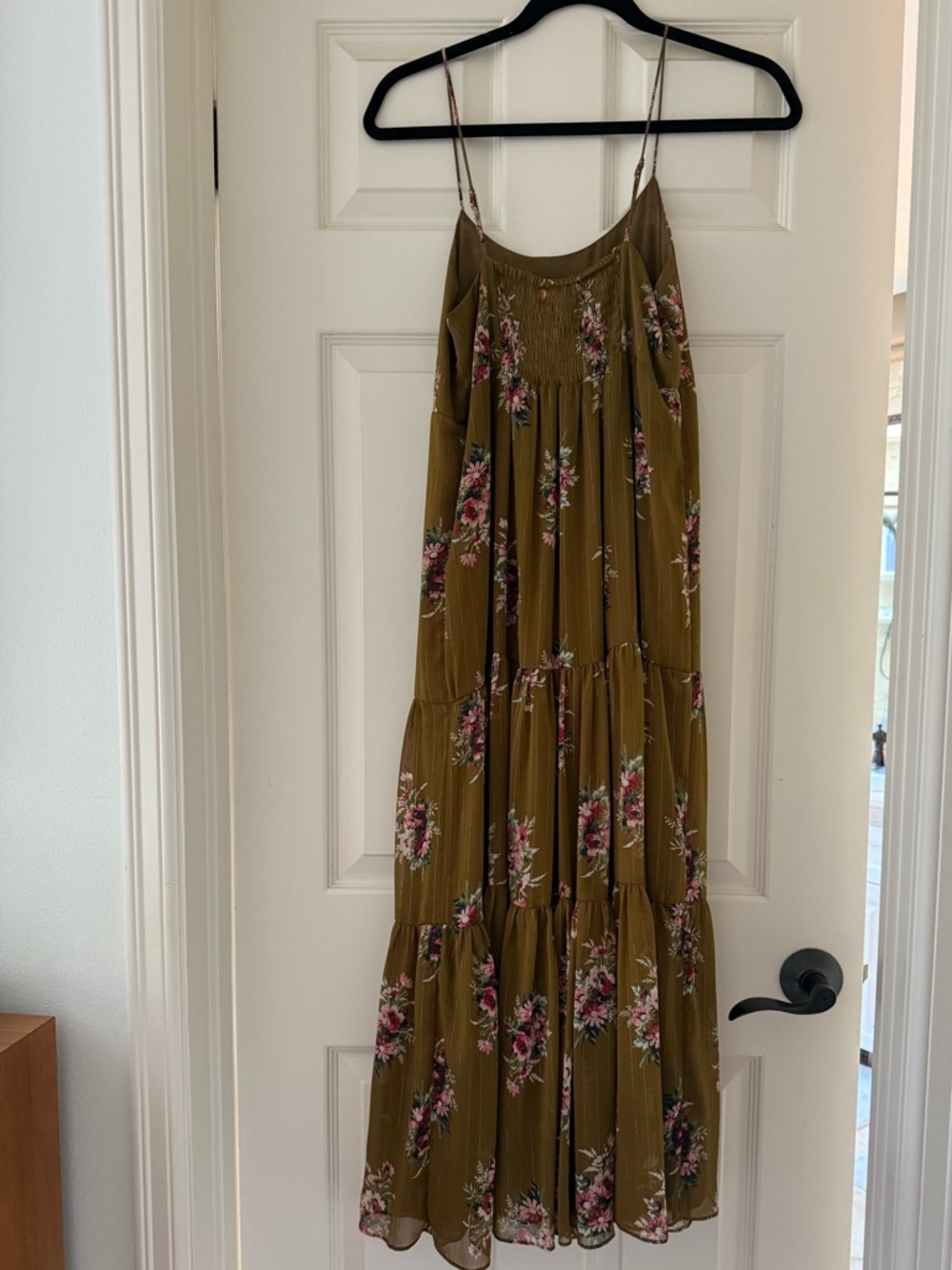 Madewell Olive Green Floral Tiered Maxi Dress with Pink Accents